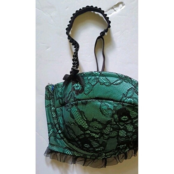 Ann Summ Bra Size 36D US UK Push Up Blue Black Lace Ruffled Bows Removable Pads - Picture 5 of 8